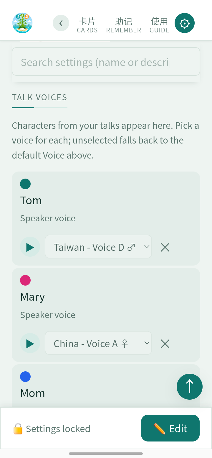 The Talk voices settings showing a voice picker for each speaker